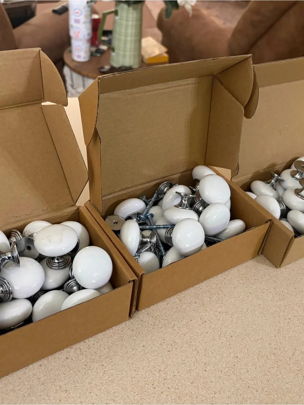 White Ceramic Cabinet Knobs with Silver Hardware - Set - Picture 1 of 6